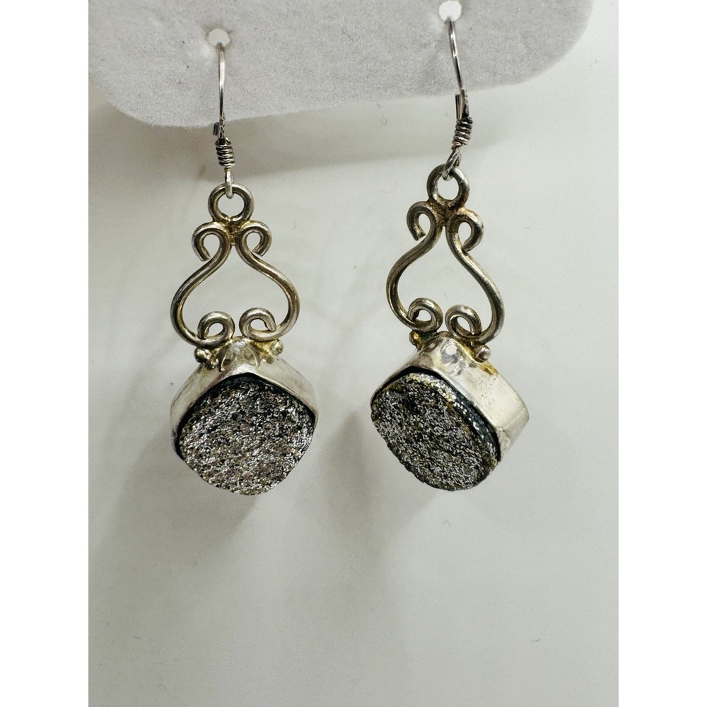 Sterling Silver 925 Druzy Dangle Earrings Scroll Design Hook Earrings